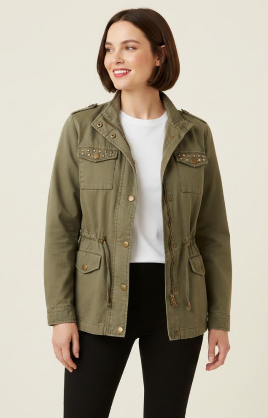 Roz & Ali Womens Sz 1X Green Rhinestone Stud Cinch Waist Military Safari Jacket